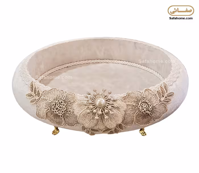 کشکول پایه دار مخمل گل برجسته مدل دایان شیری