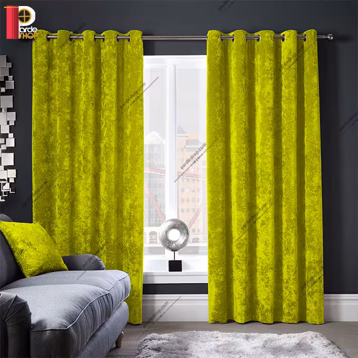 پرده مخمل پتینه براق پانچی رنگ زرد