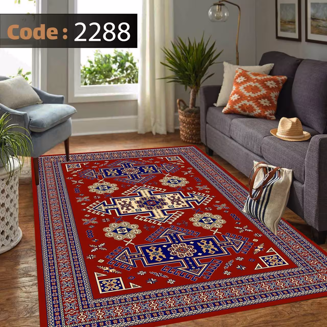 کاورفرش روفرشی دورکشدار گوشه لیفه ای لاکی ، آبی و متنوع کد 2288