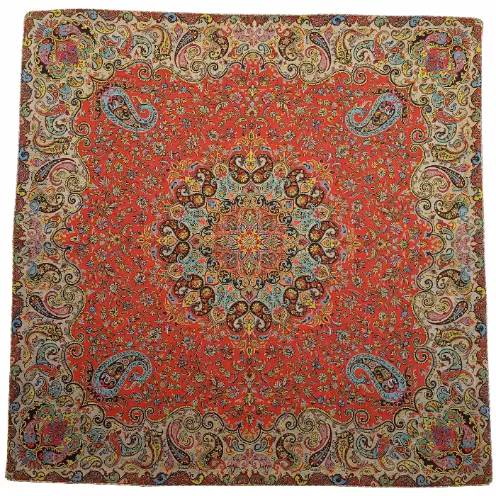 رومیزی مربع ترمه ابریشم کد TRM200 نفیس رنگ قرمز کمرنگ آستر زرشکی لبه مغزی دوزی