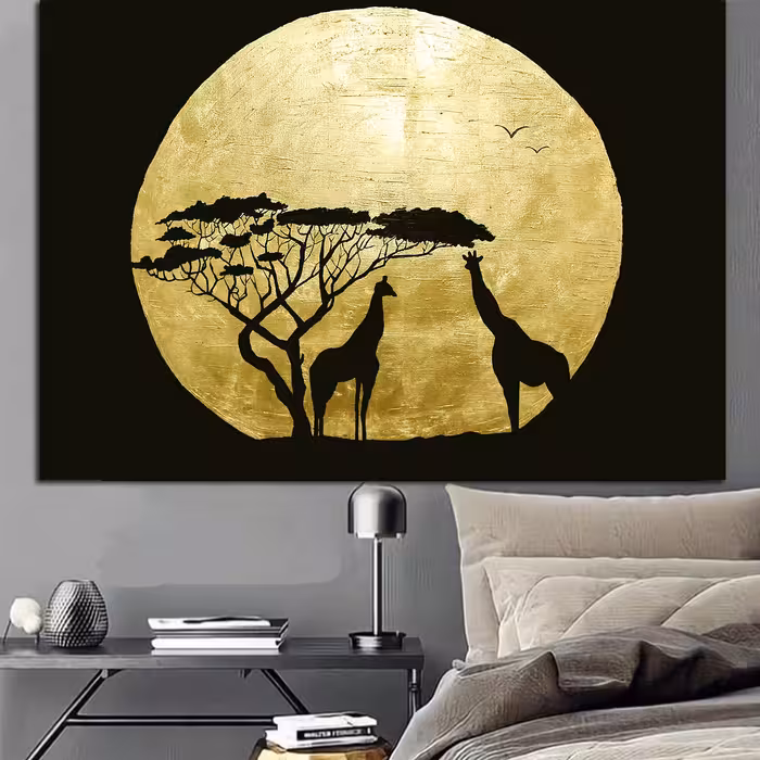 تابلو نقاشی ورق طلا طرح زرافه و ماه کد 0034