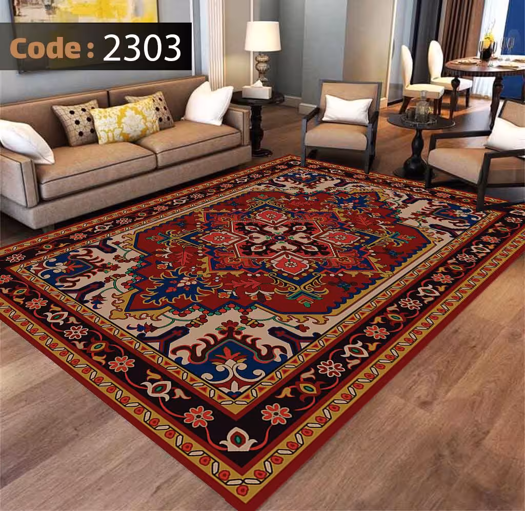 کاورفرش روفرشی دورکشدار گوشه لیفه ای لاکی ، آبی و متنوع کد 2303