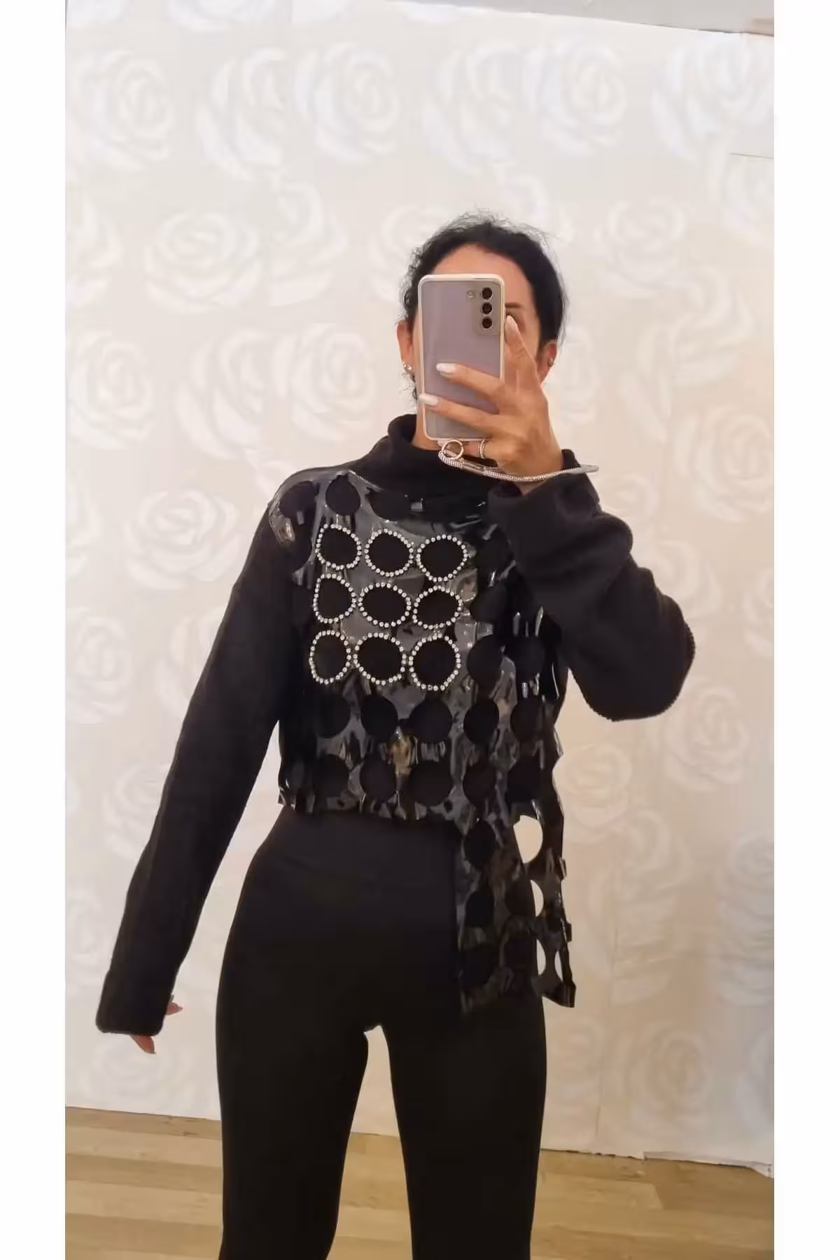 ژاکت چرمی با چاپ سنگی - یقه اسکی - ژاکت مشکی - 1404