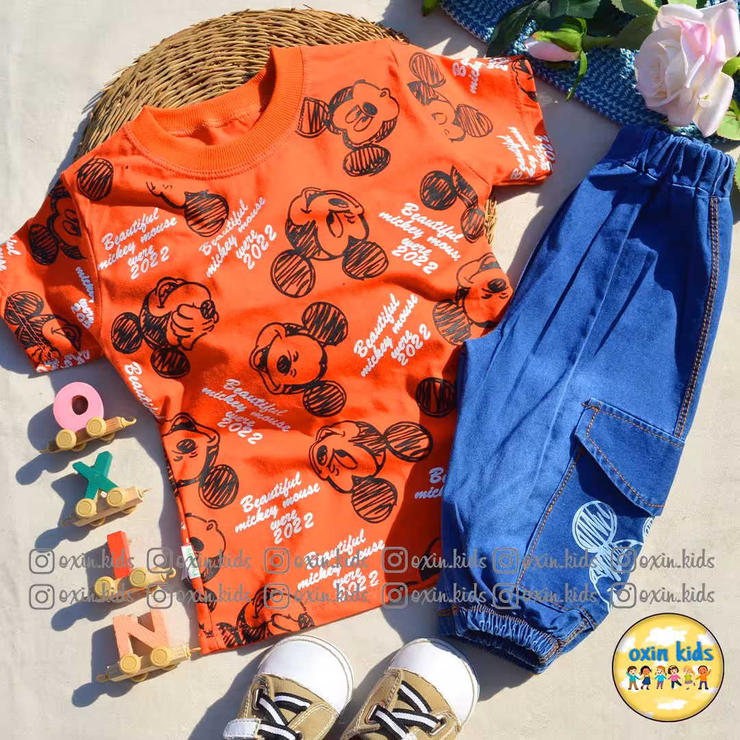 ست بلوز شلوارک پسرانه دخترانه اسپرت طرح میکی موس شرت جین سایز 45 رنگ نارنجی ارسال رایگان