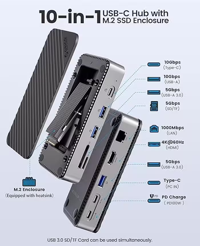 هاب 10 پورت و باکس هارد اوریکو ORICO، مدل 10 in 1 Docking Station با محفظه M.2 SSD