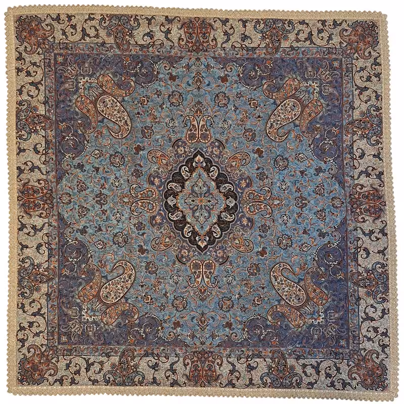رومیزی مربع ترمه نفیس ابریشم کد TRM222 رنگ سبزآبی آستر سبزآبی لبه یراق دوزی