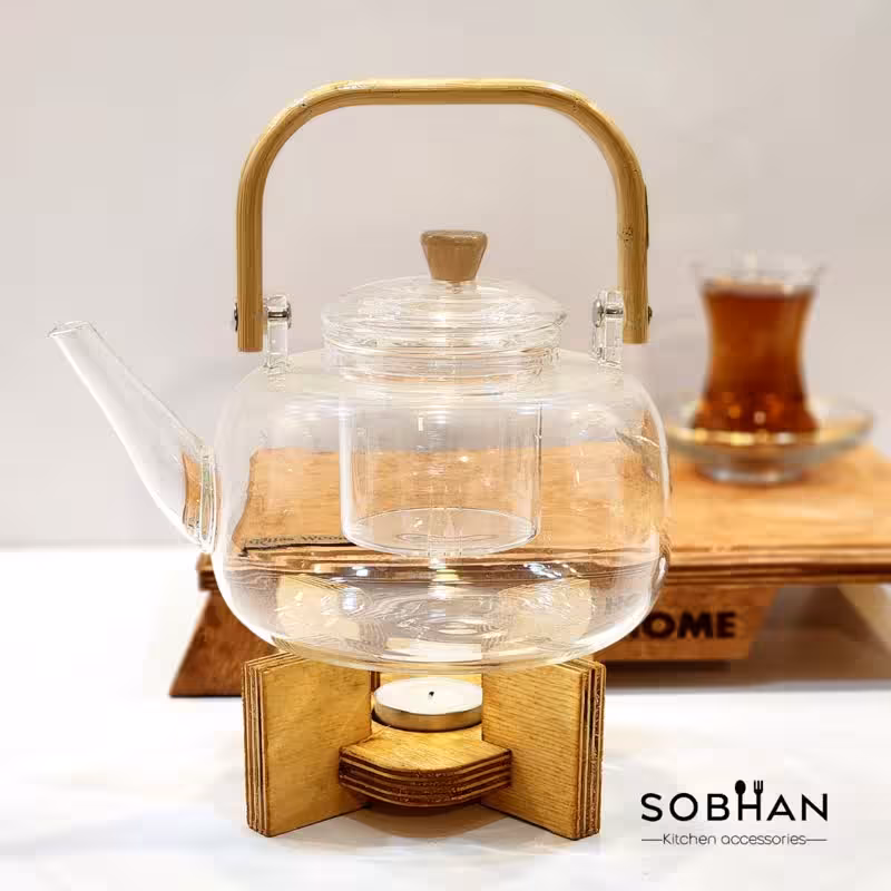 قوری پیرکس دسته بامبو در دو سایز