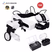 عینک بزرگ‌نمایی دار INVOKER | دارای 8 لنز قابل تعویض با بزرگ‌نمایی‌های مختلف | مجهز به دو چراغ LED برای روشنایی دقیق | طراحی قابل تنظیم برای قرارگیری راحت روی سر | مناسب برای تعمیرات، جواهرسازی، الکترونیک، مدل‌سازی و مطالعه جزئیات | لنزهای سبک و مقاوم | مناسب برای استفاده طولانی‌مدت بدون خستگی