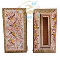 ست جعبه دستمال کاغذی و جاکاردی خاتم کاری مدل گل و مرغ قرمز