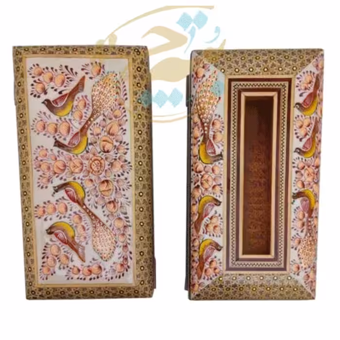 ست جعبه دستمال کاغذی و جاکاردی خاتم کاری مدل گل و مرغ قرمز