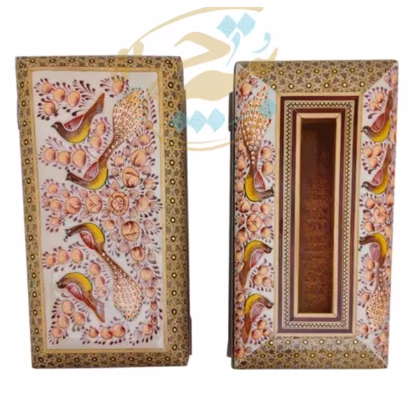 ست جعبه دستمال کاغذی و جاکاردی خاتم کاری مدل گل و مرغ قرمز