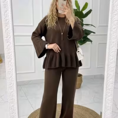 ست بلوز شلوار بافت زنانه مدل عروسکی جنس بافت زیر درجه یک و لطیف
