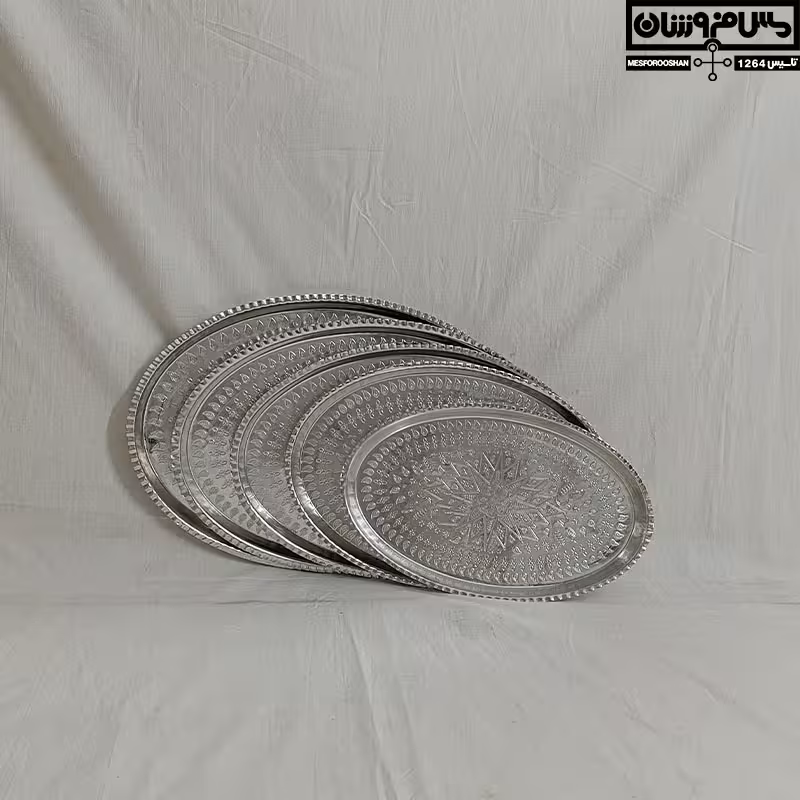 سینی مسی بیضی 2 رو سفید طرحدار زنجان سایز 2 قطر 23*32 | سینی پذیرایی مسی مدل سودابه