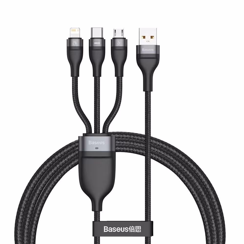 کابل تبدیل USB به لایتنینگ /USB-C/ microUSB باسئوس مدل One For Three 66W طول 1.2 متر