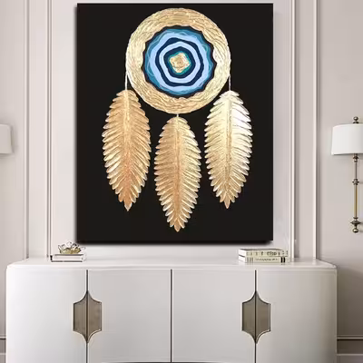 تابلو نقاشی ورق طلا طرح چشم نظر و پر نقش برجسته کد 0183