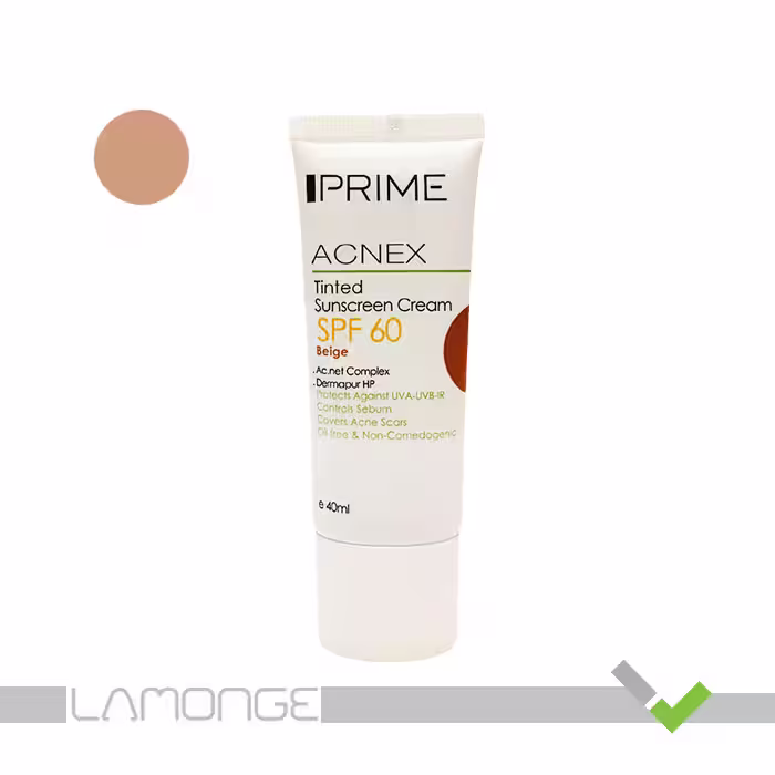کرم ضد آفتاب SPF60 بژ تیره پرایم مدل Acnex مناسب پوست چرب حجم 40 میلی لیتر