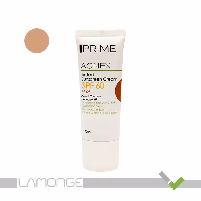 کرم ضد آفتاب SPF60 بژ تیره پرایم مدل Acnex مناسب پوست چرب حجم 40 میلی لیتر