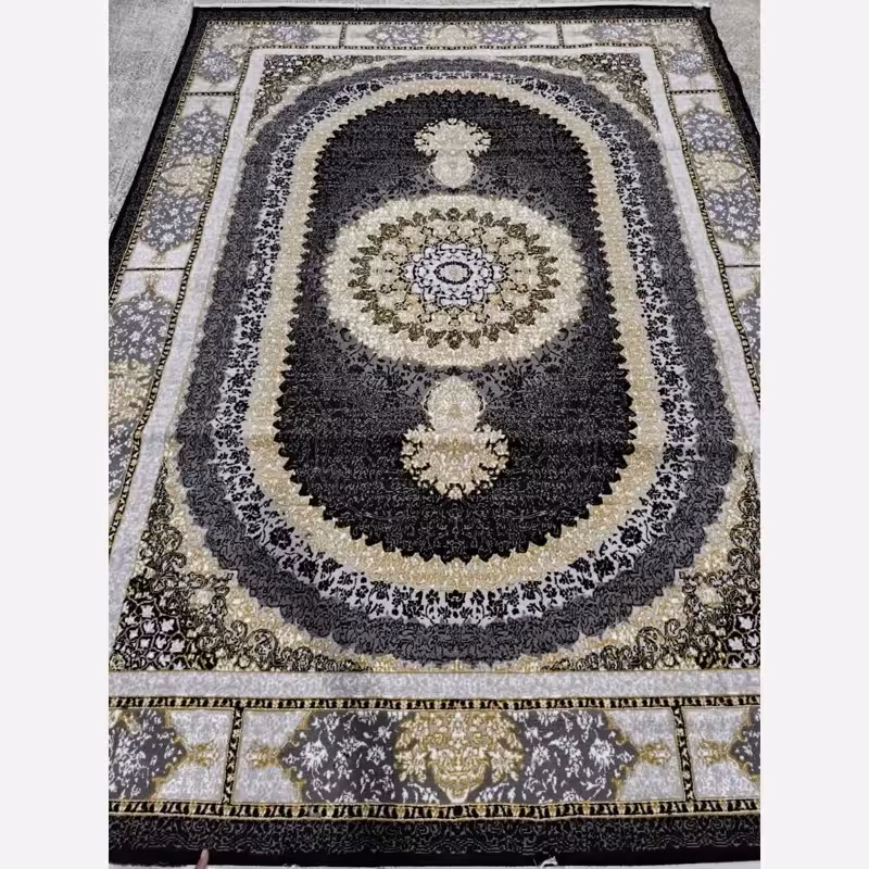 فرش ماشینی کاشان 440شانه نخ بی سی اف سبک وزن طرحصدرا مشکی12متری(باارسال رایگان)