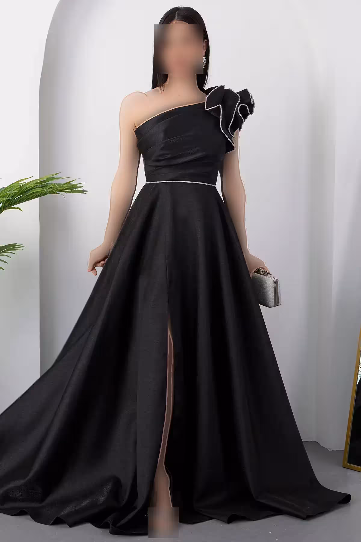 پیراهن مجلسی چین‌دار یک‌شانه با چاک ECR5579 - 11395