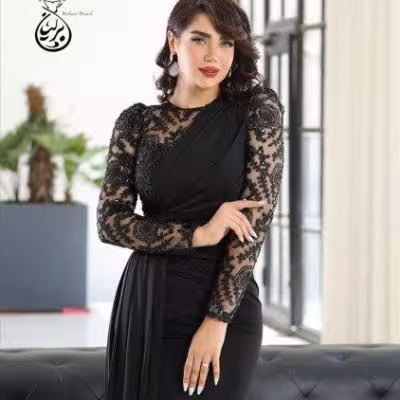 پیراهن مهمانی زنانه کرپ غواصی و خرجکلر گل برجسته مدل مجلسی دلا