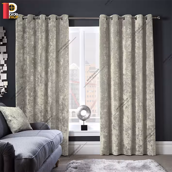 پرده مخمل پتینه پانچی نقره ای آماده ارتفاع 280 سانتی متر