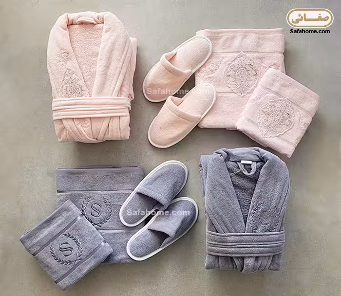 سرویس حوله عروس و داماد طرح دانتل طوسی و صورتی روشن