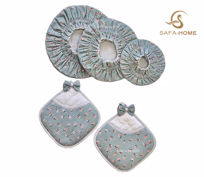 ست دمکنی و دستگیره 5 تکه طرح گلدار یشمی