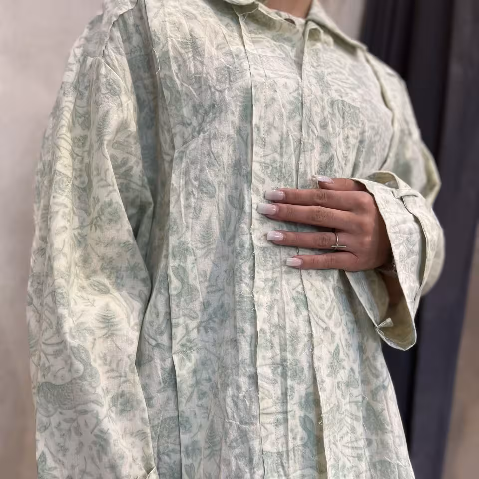 شومیز مانتویی طرح دار لینن ترک با خرج کار هفت و هشتی