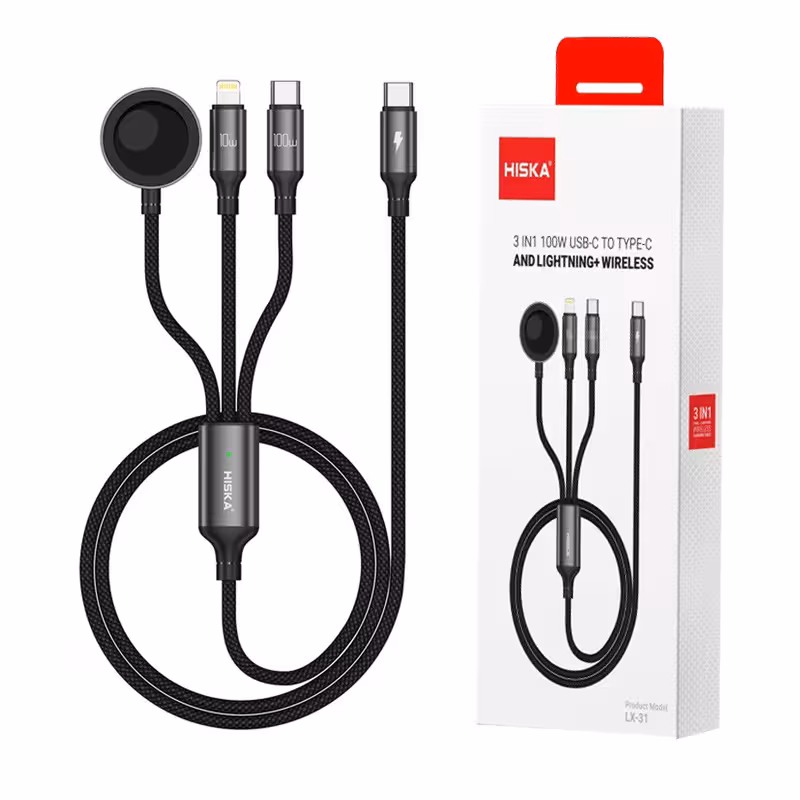 کابل سه سر مغناطیسی شارژ ساعت هوشمند، لایتنینگ و تایپ سی هیسکا مدل LX-31 به طول 120 سانتی متر