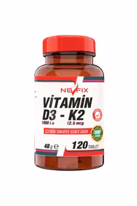 قرص ویتامین D3 1000 Iu و ویتامین K2 برند Nevfix - بسته 120 عددی