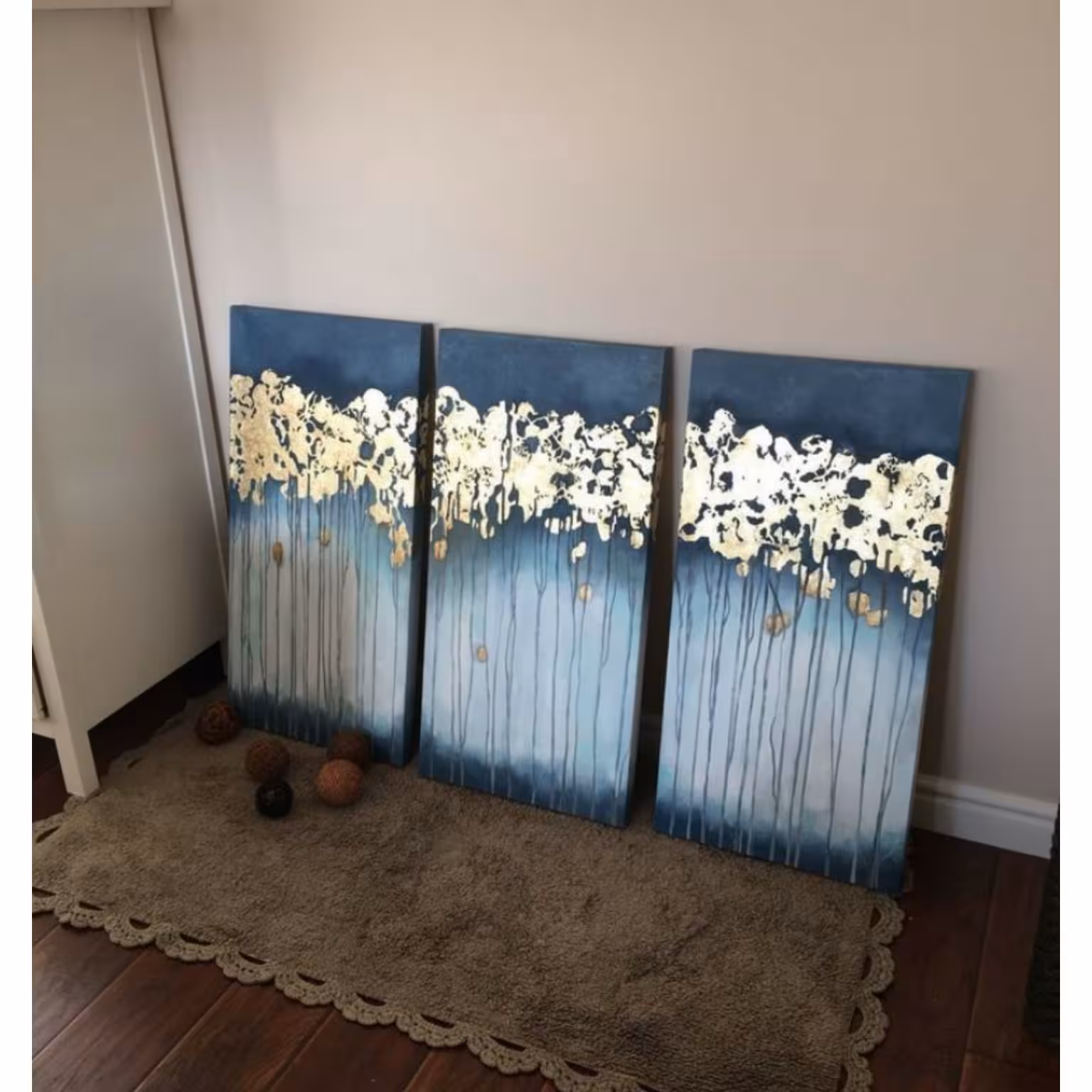 تابلو نقاشی رنگ روغن مجموعه سه عددی مدرن ورق طلا آبی نفتی 30 در 60