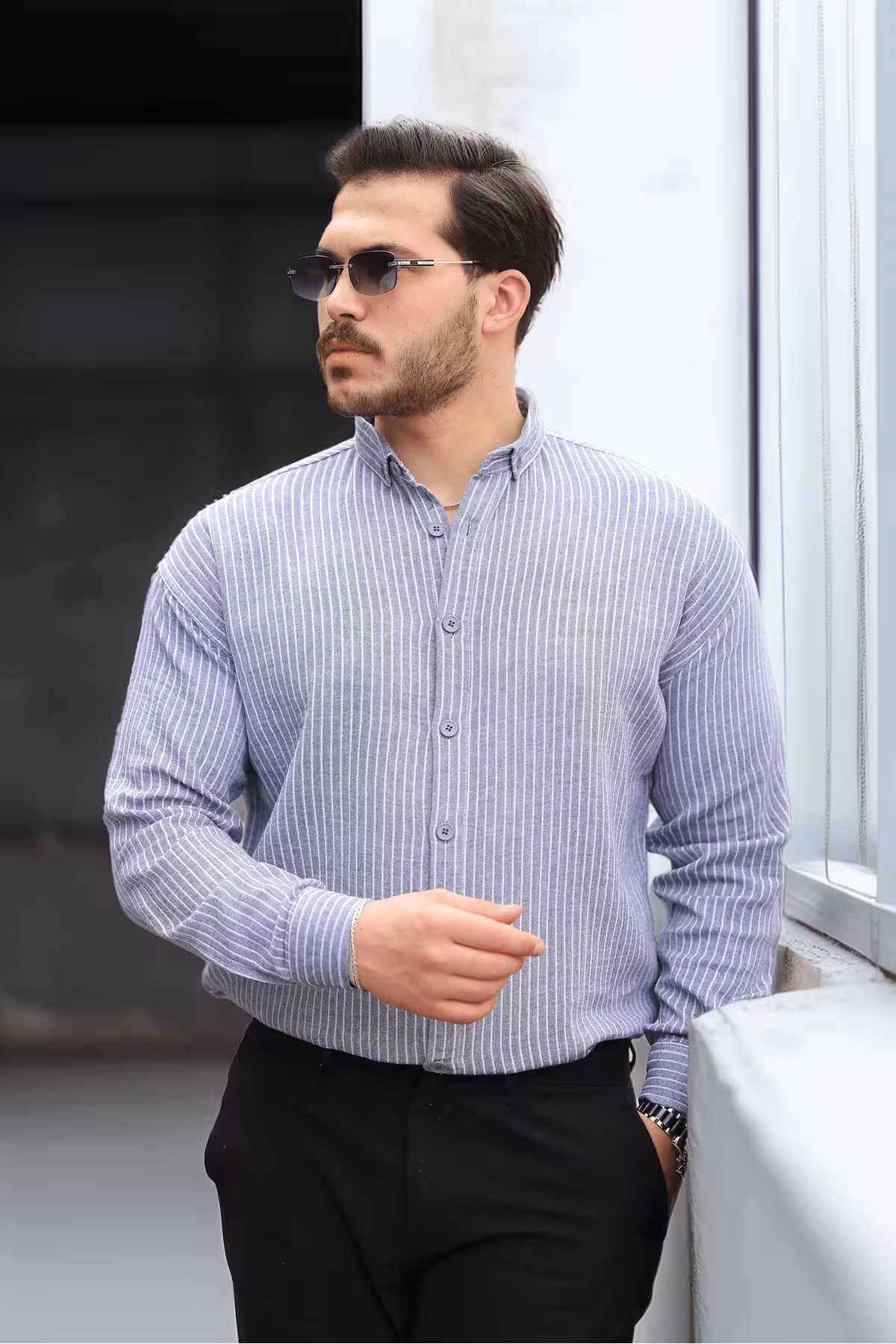 پیراهن بلوز دکمه دار مردانه پارچه ای MUSLIN آبی دریایی Valiberta