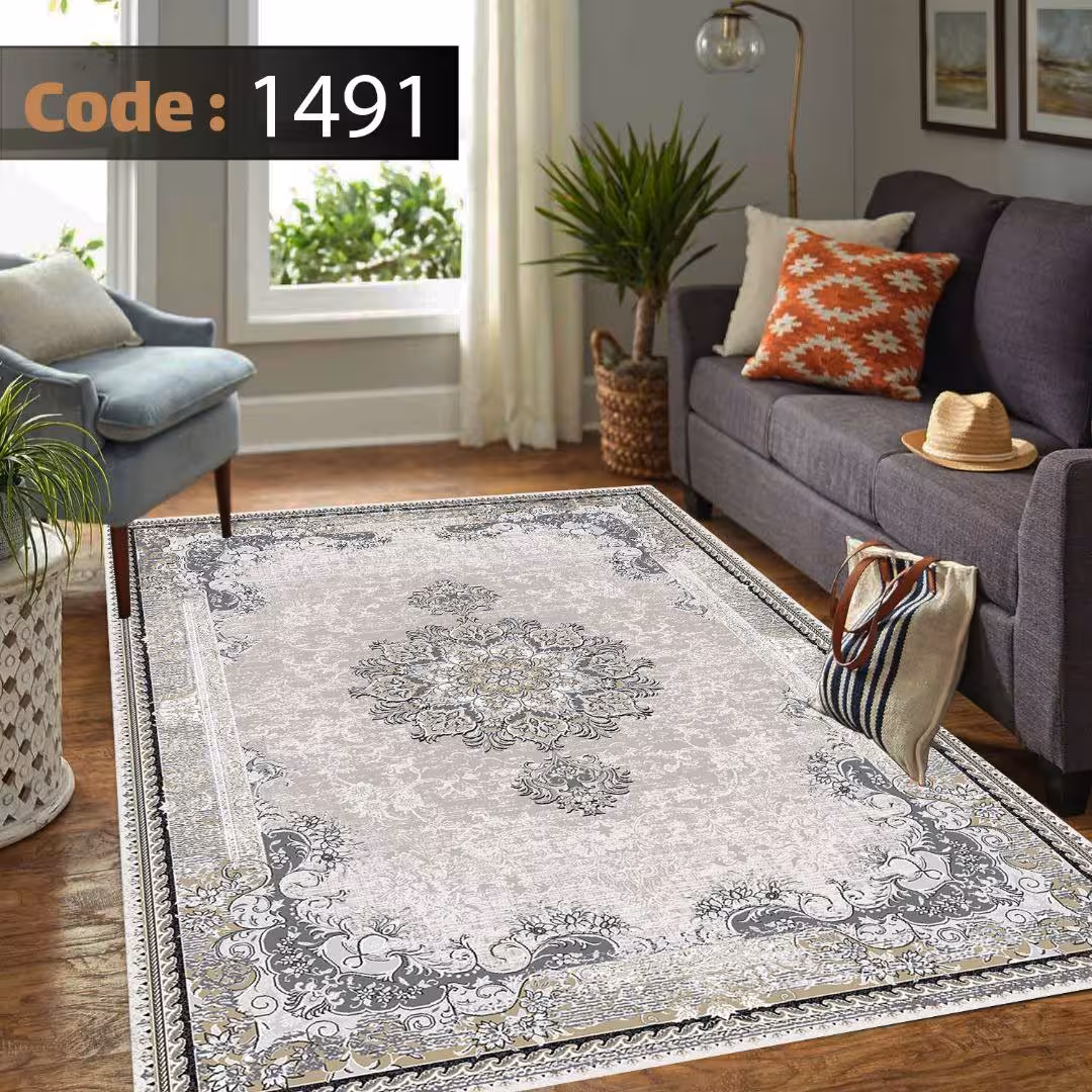 کاورفرش روفرشی دورکشدار گوشه لیفه ای طوسی کرم کد 1491