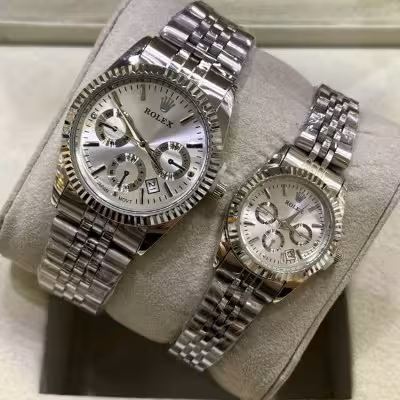 ست ساعت زنانه و مردانه رولکس بند استیل نقره ای