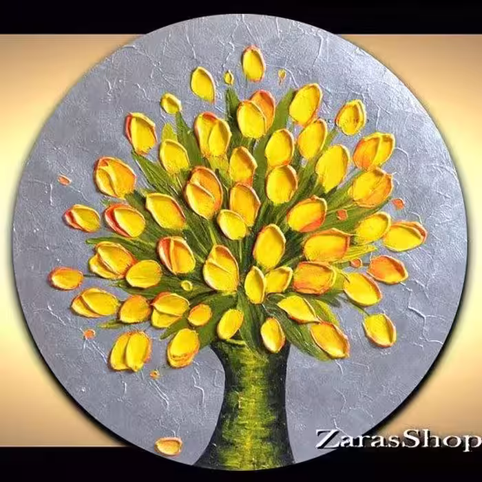 تابلو نقاشی دایره. طرح برجسته گل به قطر 40cm