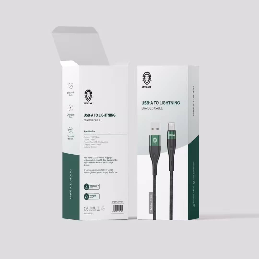 کابل کنفی USB-A به لایتنینگ گرین Green braided cable usb-a to lightning