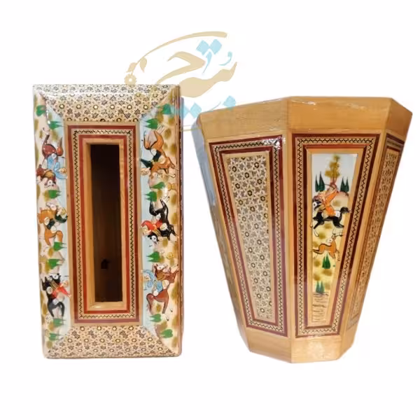 ست جا دستمال و سطل خاتم کاری مدل شکار