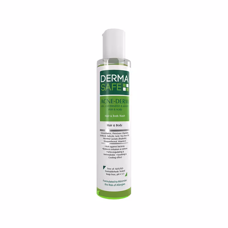 شامپو سر و بدن برند درماسیف مدل Acne Derm مناسب پوست چرب حجم 200 میل