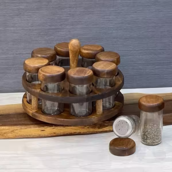 ست جا ادویه 8 عددی گردان چوبی رنگ تیره لوناوود کد 990820