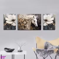 تابلو شاسی بکلیت طرح نقاشی مدرن رنگ روغن گل و اسب مدل SH-1625 مجموعه 3 عددی