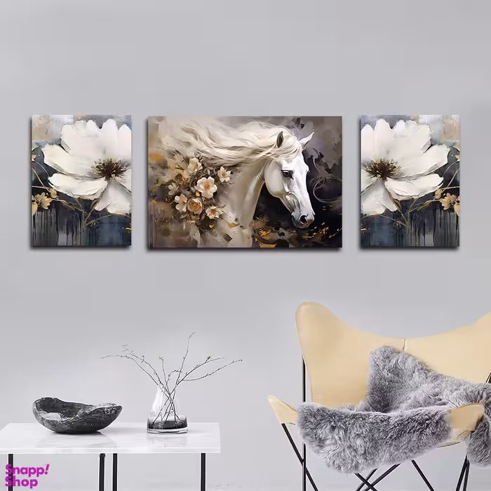 تابلو شاسی بکلیت طرح نقاشی مدرن رنگ روغن گل و اسب مدل SH-1625 مجموعه 3 عددی