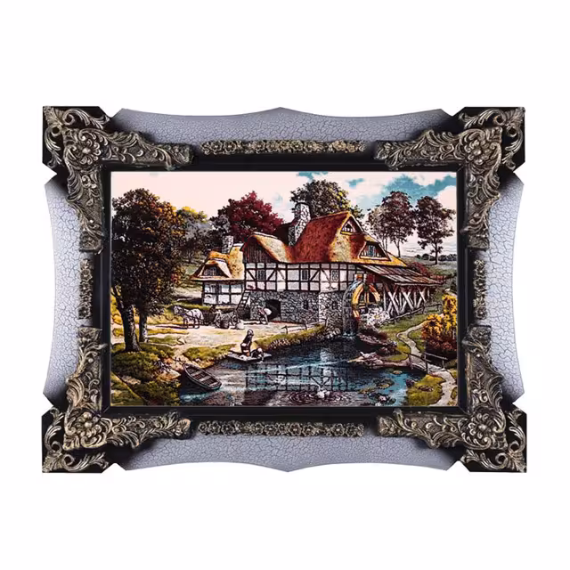 تابلو فرش ماشینی دنیای فرش طرح آسیاب آبی و رودخانه کد 222