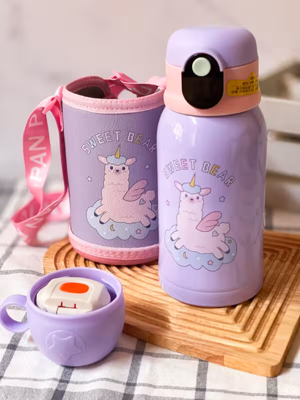 فلاسک و قمقمه نی دار 500 میلی لیتر دماسنج دار lucky طرح یونیکورن