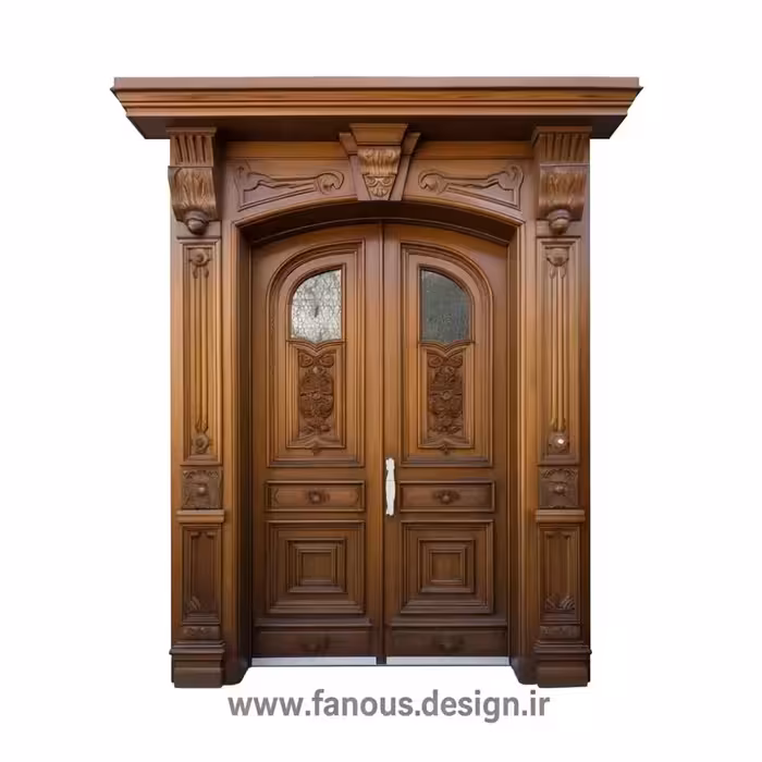 درب چوبی کلاسیک دو لنگه با شیشه‌کاری قوسی کد 30358