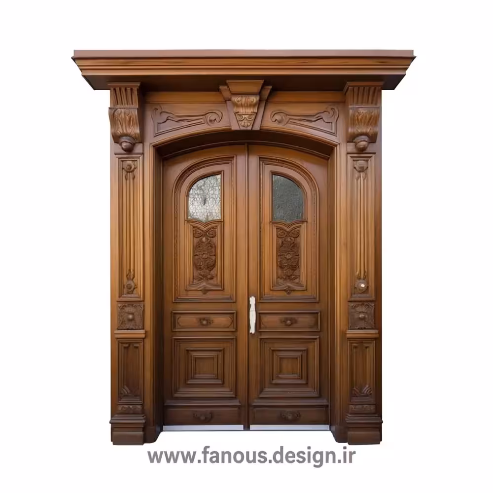 درب چوبی کلاسیک دو لنگه با شیشه‌کاری قوسی کد 30358