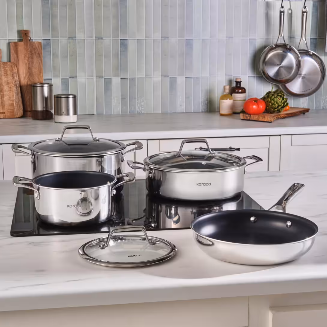 سرویس قابلمه 7 پارچه استیل کاراجا مدل Plasma Steel با کف سه‌لایه مناسب برای اجاق القایی