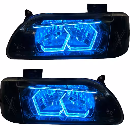 خرید چراغ جلو اسپرت پراید 131 مدرن مدل 3D-Hexa-X آبی یخی داخل مشکی دوحالته بدون موتور دو عددی | اتوموبی