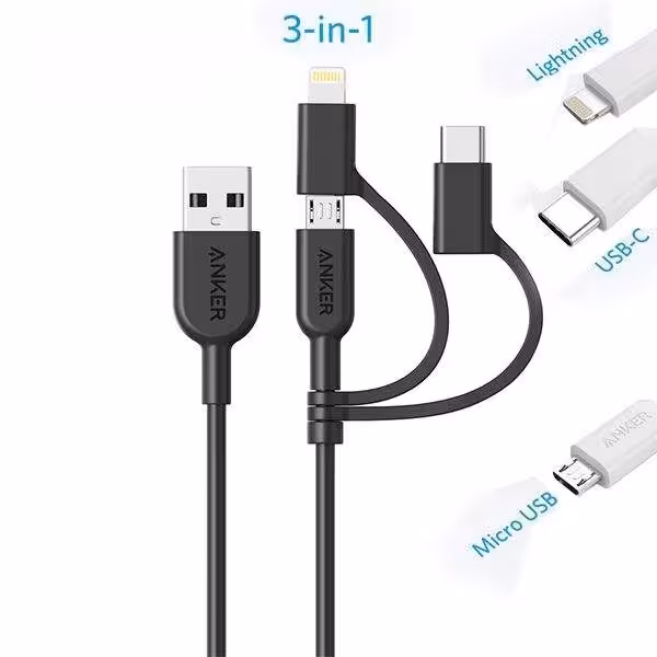کابل تبدیل USB به لایتنینگ/USB-C/microUSB انکر مدل a8436 Power line2 طول 0.9 متر