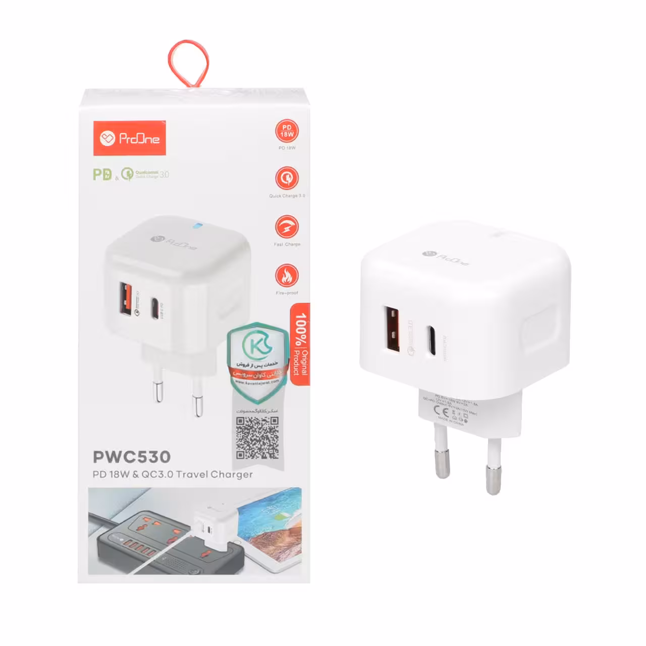 شارژر دیواری 18W فست و PD دو پورت ProOne مدل PWC530 - سفید