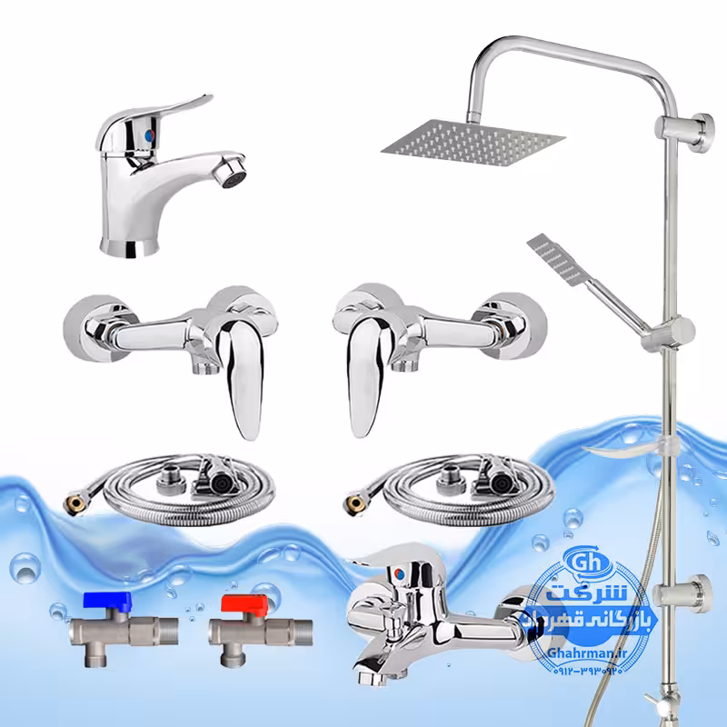 ست 9 عددی شیرآلات برند آیدا صنعت مدل قهرمان اردکی | شیر روشویی   شیر حمام   دو عدد شیر توالت   علم دوش یونیورست صفحه استیل   دو عدد شلنگ توالت   دو عدد شیر پیسوار | کروم براق